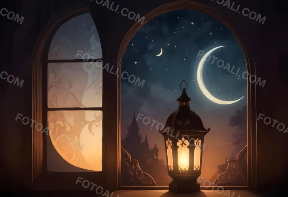 Digital Painting A Decorative Lantern With Intricate Designs Casting A Warm Glow Set Against A Backdrop Of A Crescent Moon In A Dark Sky Seen Through An Arched Window Bold And Slim Lines Brush Strokes 4 C0c8