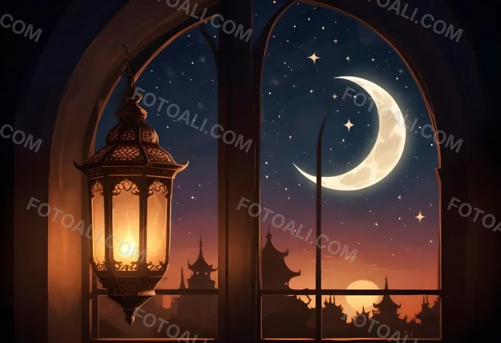 Digital Painting A Decorative Lantern With Intricate Designs Casting A Warm Glow Set Against A Backdrop Of A Crescent Moon In A Dark Sky Seen Through An Arched Window Bold And Slim Lines Brush Strokes 5 Cbb3