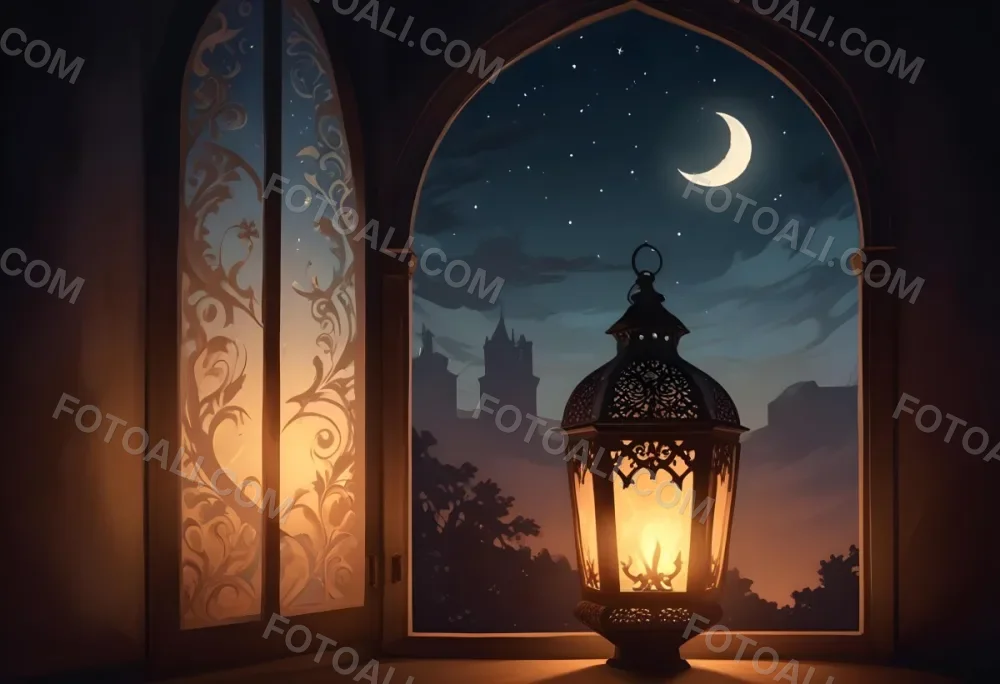 Digital Painting A Decorative Lantern With Intricate Designs Casting A Warm Glow Set Against A Backdrop Of A Crescent Moon In A Dark Sky Seen Through An Arched Window Bold And Slim Lines Brush Strokes 6 D3fd