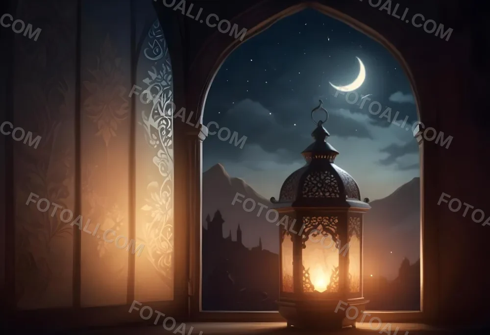 Digital Painting A Decorative Lantern With Intricate Designs Casting A Warm Glow Set Against A Backdrop Of A Crescent Moon In A Dark Sky Seen Through An Arched Window Bold And Slim Lines Brush Strokes 9 Fa60