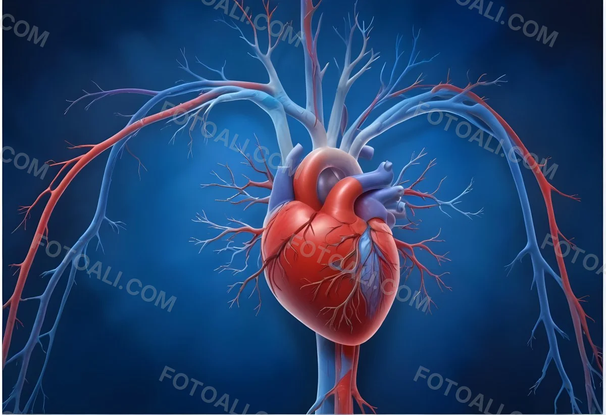 Digital Painting A Detailed Anatomical Representation Of A Human Heart Prominently Displayed In The Center With Surrounding Blood Vessels The Heart Is Depicted In Red While The Arteries And Veins Are Shown In Blue And 1 885c