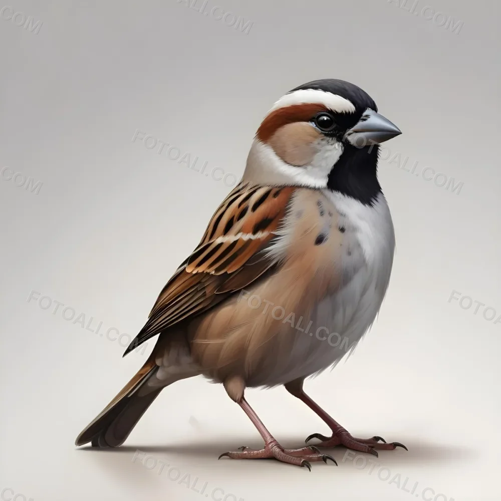 Digital Painting A Detailed Depiction Of A Sparrow With A Distinctive Black And White Head Brown And Gray Feathers And A Stout Body The Bird Stands Upright Showcasing Its Short Legs And Pointed Beak The Backgroun 41 8112