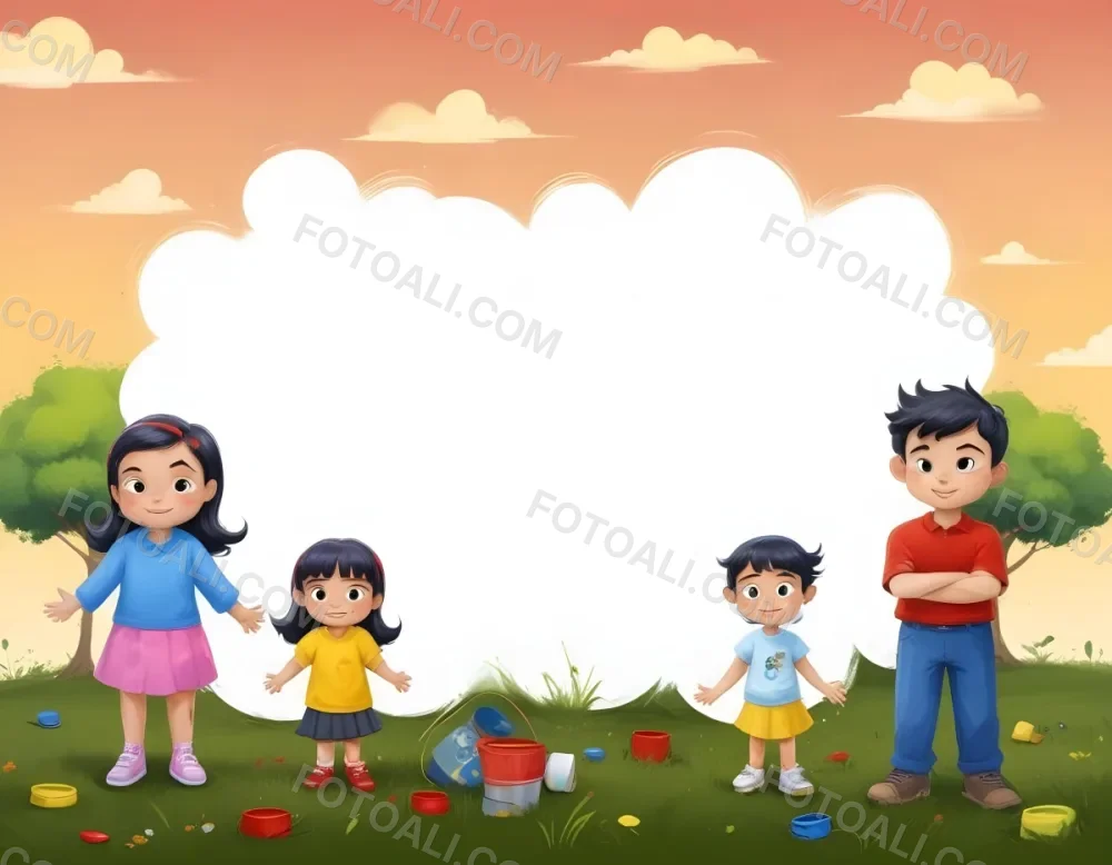 Digital Painting A Family Of Four Cartoon Characters Standing Together In A Grassy Area The Family Includes A Boy With Black Hair In A Yellow Top And Black Skirt A Young Girl With Red Hair In A Yellow Dress A Boy Wit 43 0a94