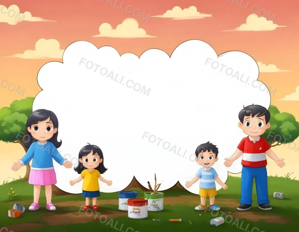Digital Painting A Family Of Four Cartoon Characters Standing Together In A Grassy Area The Family Includes A Boy With Black Hair In A Yellow Top And Black Skirt A Young Girl With Red Hair In A Yellow Dress A Boy Wit 51 9a4e