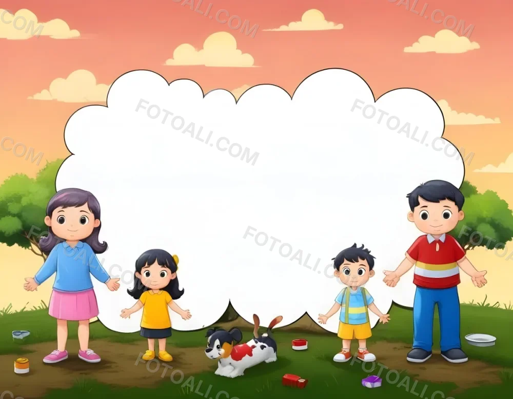 Digital Painting A Family Of Four Cartoon Characters Standing Together In A Grassy Area The Family Includes A Boy With Black Hair In A Yellow Top And Black Skirt A Young Girl With Red Hair In A Yellow Dress A Boy Wit 54 190d