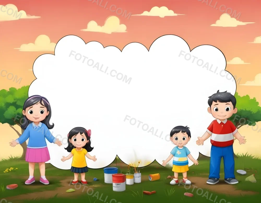 Digital Painting A Family Of Four Cartoon Characters Standing Together In A Grassy Area The Family Includes A Boy With Black Hair In A Yellow Top And Black Skirt A Young Girl With Red Hair In A Yellow Dress A Boy Wit 55 4eb7