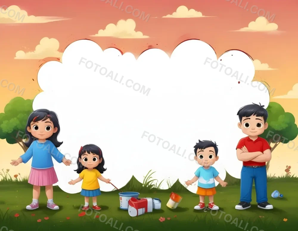 Digital Painting A Family Of Four Cartoon Characters Standing Together In A Grassy Area The Family Includes A Boy With Black Hair In A Yellow Top And Black Skirt A Young Girl With Red Hair In A Yellow Dress A Boy Wit 61 A3ff