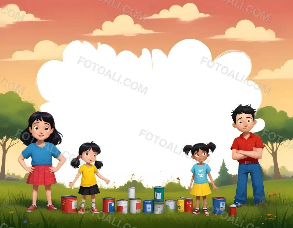 Digital Painting A Family Of Four Cartoon Characters Standing Together In A Grassy Area The Family Includes A Boy With Black Hair In A Yellow Top And Black Skirt A Young Girl With Red Hair In A Yellow Dress A Boy Wit 64 49a2
