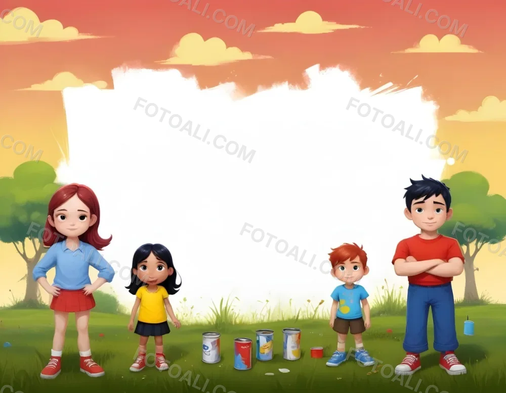Digital Painting A Family Of Four Cartoon Characters Standing Together In A Grassy Area The Family Includes A Boy With Black Hair In A Yellow Top And Black Skirt A Young Girl With Red Hair In A Yellow Dress A Boy Wit 65 Bbc9