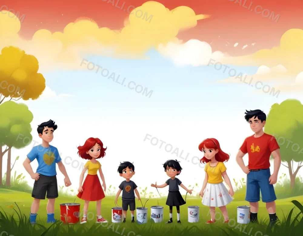 Digital Painting A Family Of Four Cartoon Characters Standing Together In A Grassy Area The Family Includes A Boy With Black Hair In A Yellow Top And Black Skirt A Young Girl With Red Hair In A Yellow Dress A Boy Wit 77 8e2a