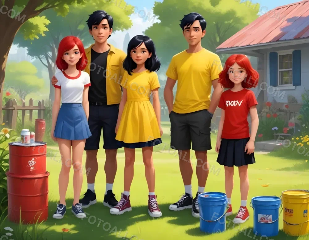 Digital Painting A Family Of Four Cartoon Characters Standing Together In A Grassy Area The Family Includes A Boy With Black Hair In A Yellow Top And Black Skirt A Young Girl With Red Hair In A Yellow Dress A Boy Wit 89 Ad5b