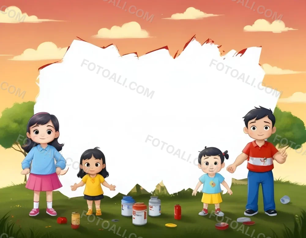 Digital Painting A Family Of Four Cartoon Characters Standing Together In A Grassy Area The Family Includes A Boy With Black Hair In A Yellow Top And Black Skirt A Young Girl With Red Hair In A Yellow Dress A Boy Wit 93 98bb