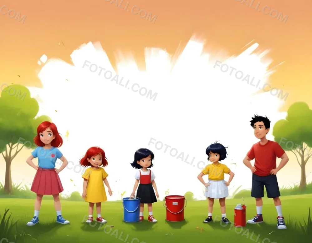 Digital Painting A Family Of Four Cartoon Characters Standing Together In A Grassy Area The Family Includes A Boy With Black Hair In A Yellow Top And Black Skirt A Young Girl With Red Hair In A Yellow Dress A Boy Wit 94 C61e