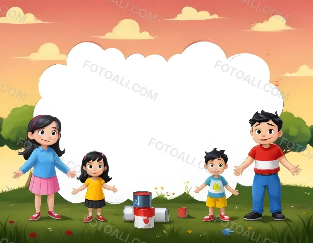 Digital Painting A Family Of Four Cartoon Characters Standing Together In A Grassy Area The Family Includes A Boy With Black Hair In A Yellow Top And Black Skirt A Young Girl With Red Hair In A Yellow Dress A Boy Wit 96 Be43