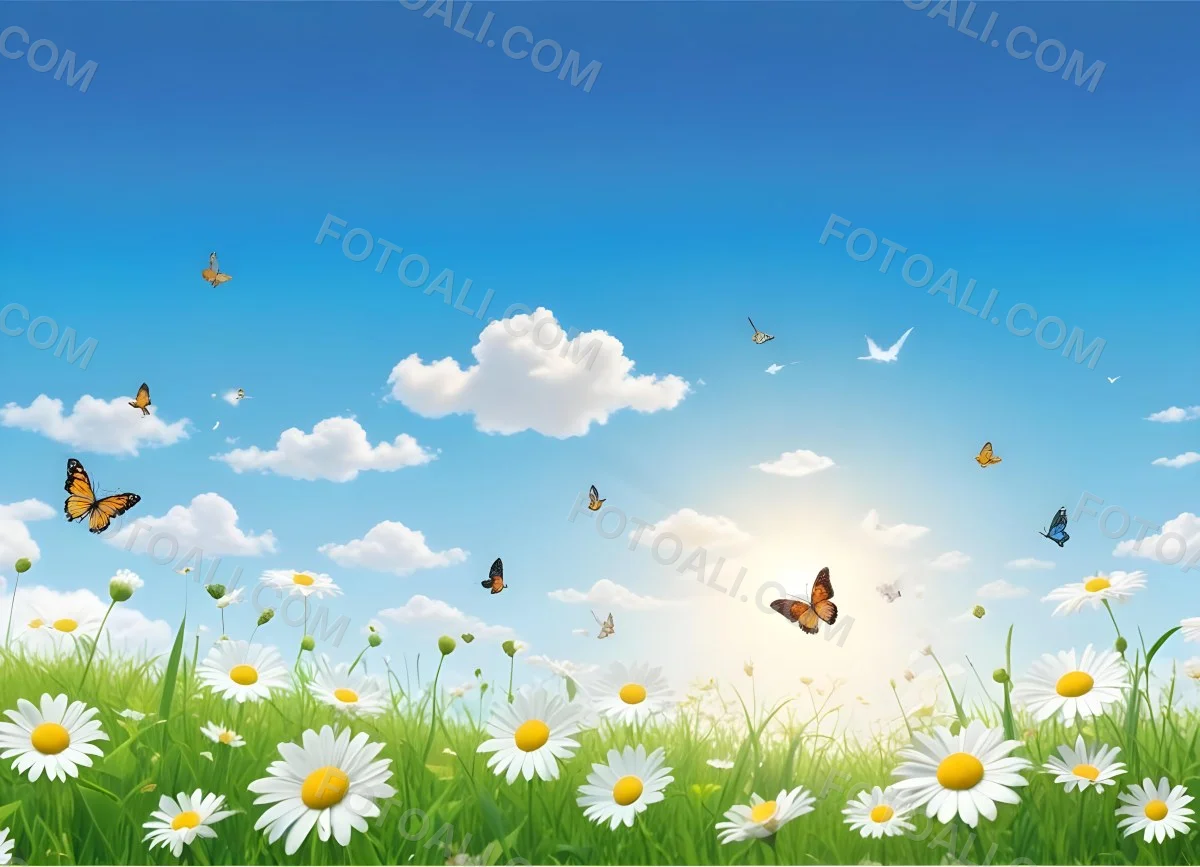Digital Painting A Field Of Daisies And Green Grass With Butterflies Flying Around White Clouds In A Blue Sky Cartoon Style Bright Colors Sunny Day Bold And Slim Lines Brush Strokes 13 644e