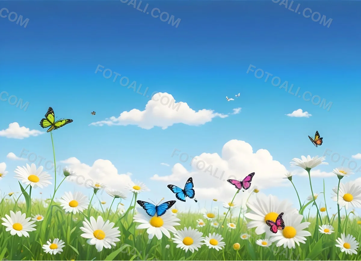 Digital Painting A Field Of Daisies And Green Grass With Butterflies Flying Around White Clouds In A Blue Sky Cartoon Style Bright Colors Sunny Day Bold And Slim Lines Brush Strokes 14 E76d
