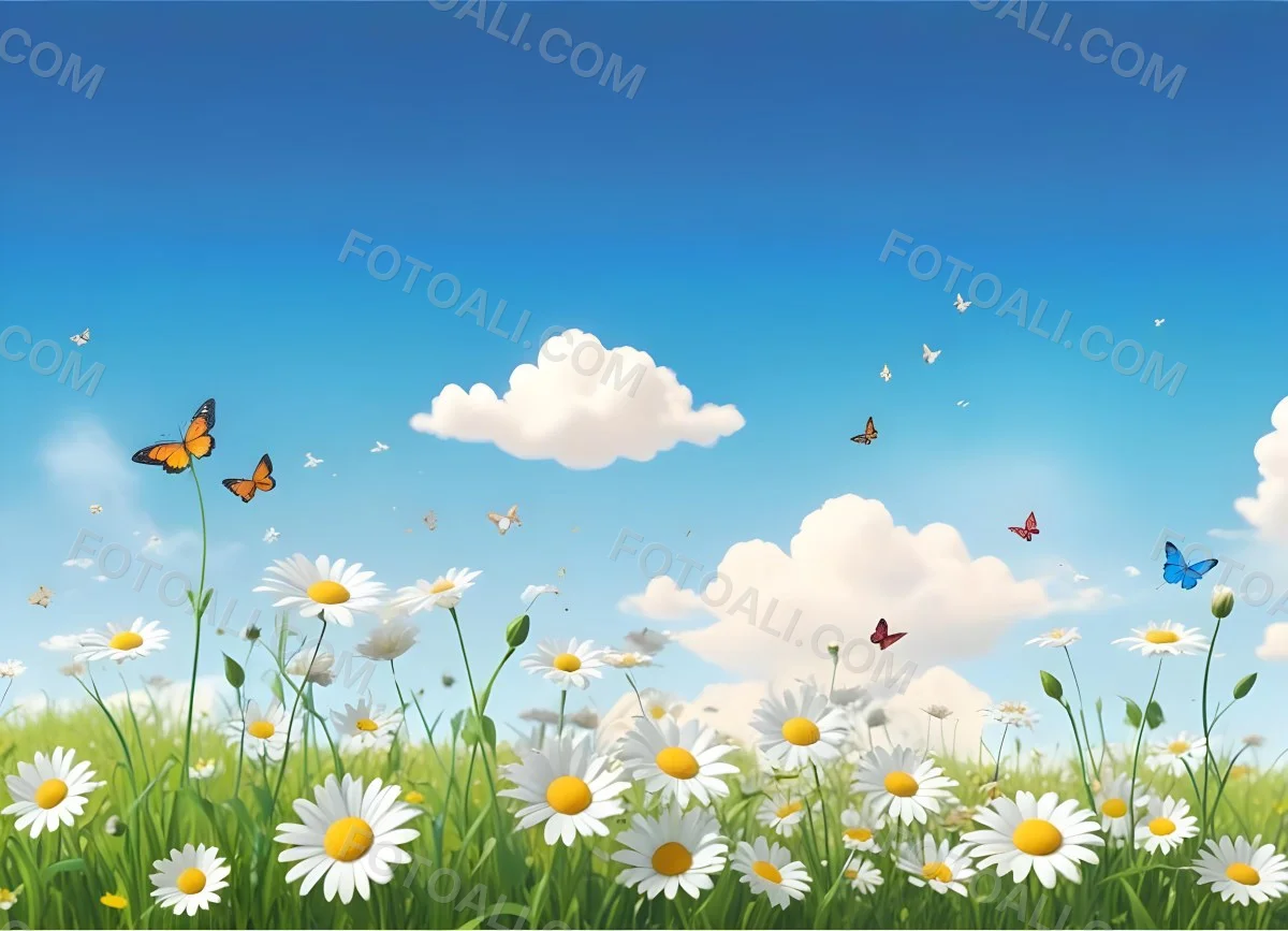 Digital Painting A Field Of Daisies And Green Grass With Butterflies Flying Around White Clouds In A Blue Sky Cartoon Style Bright Colors Sunny Day Bold And Slim Lines Brush Strokes 17 428d