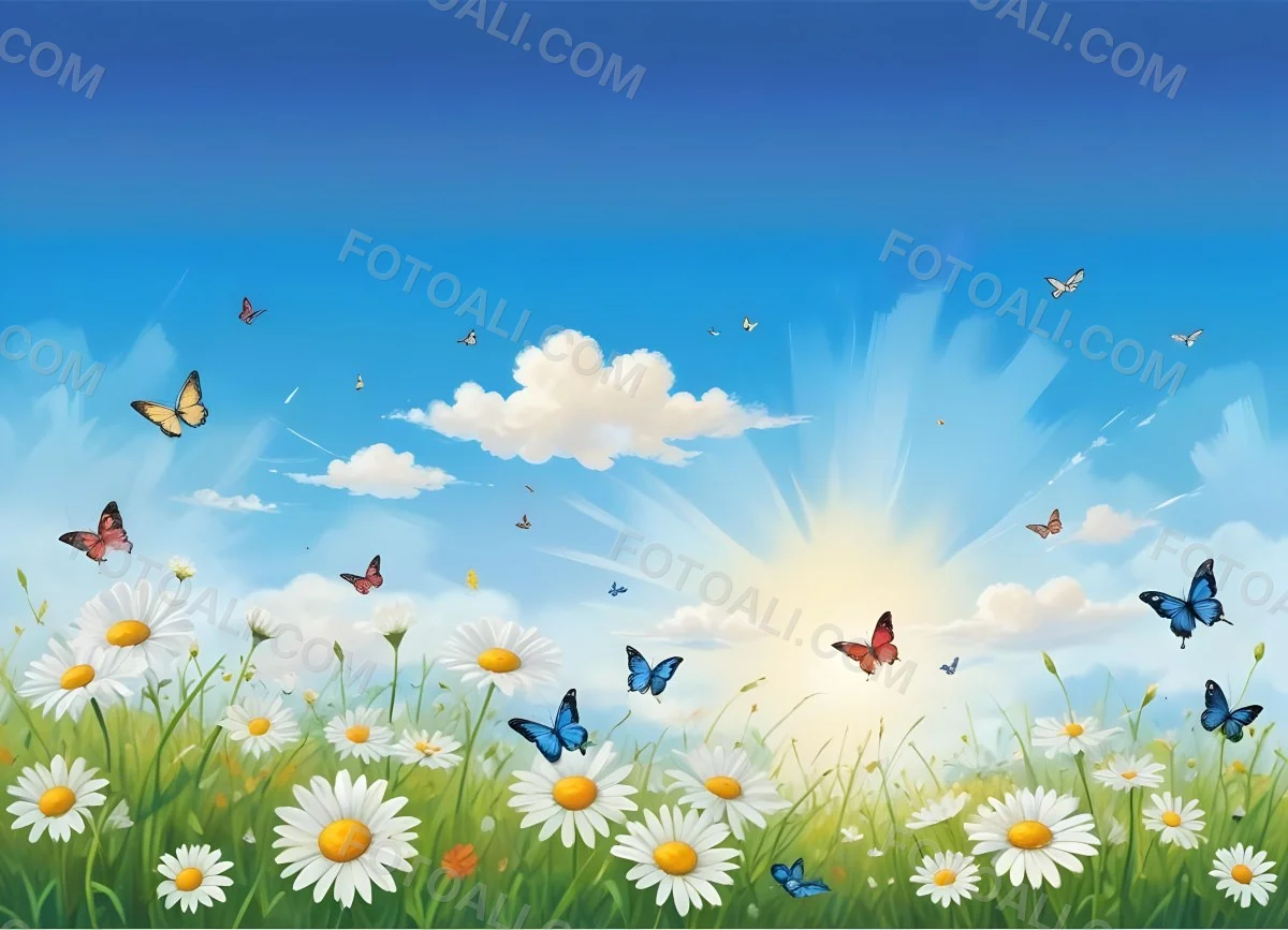 Digital Painting A Field Of Daisies And Green Grass With Butterflies Flying Around White Clouds In A Blue Sky Cartoon Style Bright Colors Sunny Day Bold And Slim Lines Brush Strokes 29 67a7