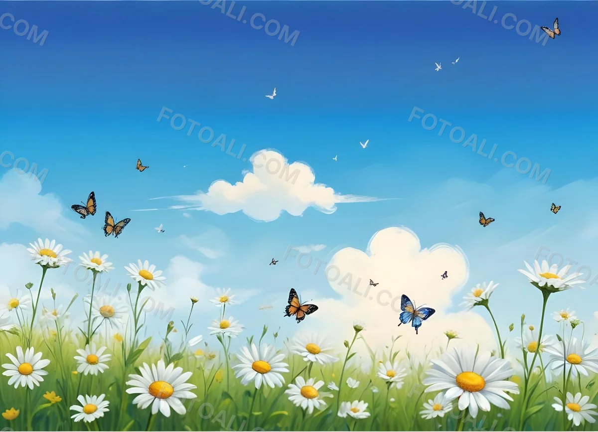 Digital Painting A Field Of Daisies And Green Grass With Butterflies Flying Around White Clouds In A Blue Sky Cartoon Style Bright Colors Sunny Day Bold And Slim Lines Brush Strokes 32 8e63