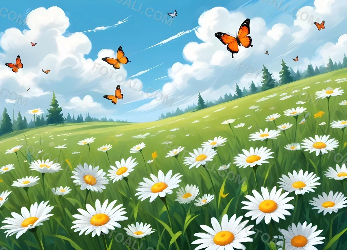 Digital Painting A Field Of Daisies And Green Grass With Butterflies Flying Around White Clouds In A Blue Sky Cartoon Style Bright Colors Sunny Day Bold And Slim Lines Brush Strokes 58 3693