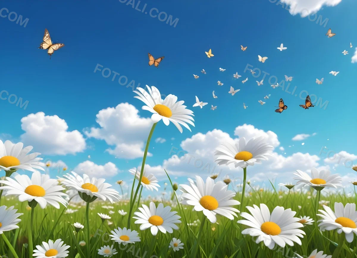 Digital Painting A Field Of Daisies And Green Grass With Butterflies Flying Around White Clouds In A Blue Sky Cartoon Style Bright Colors Sunny Day Bold And Slim Lines Brush Strokes 61 140e