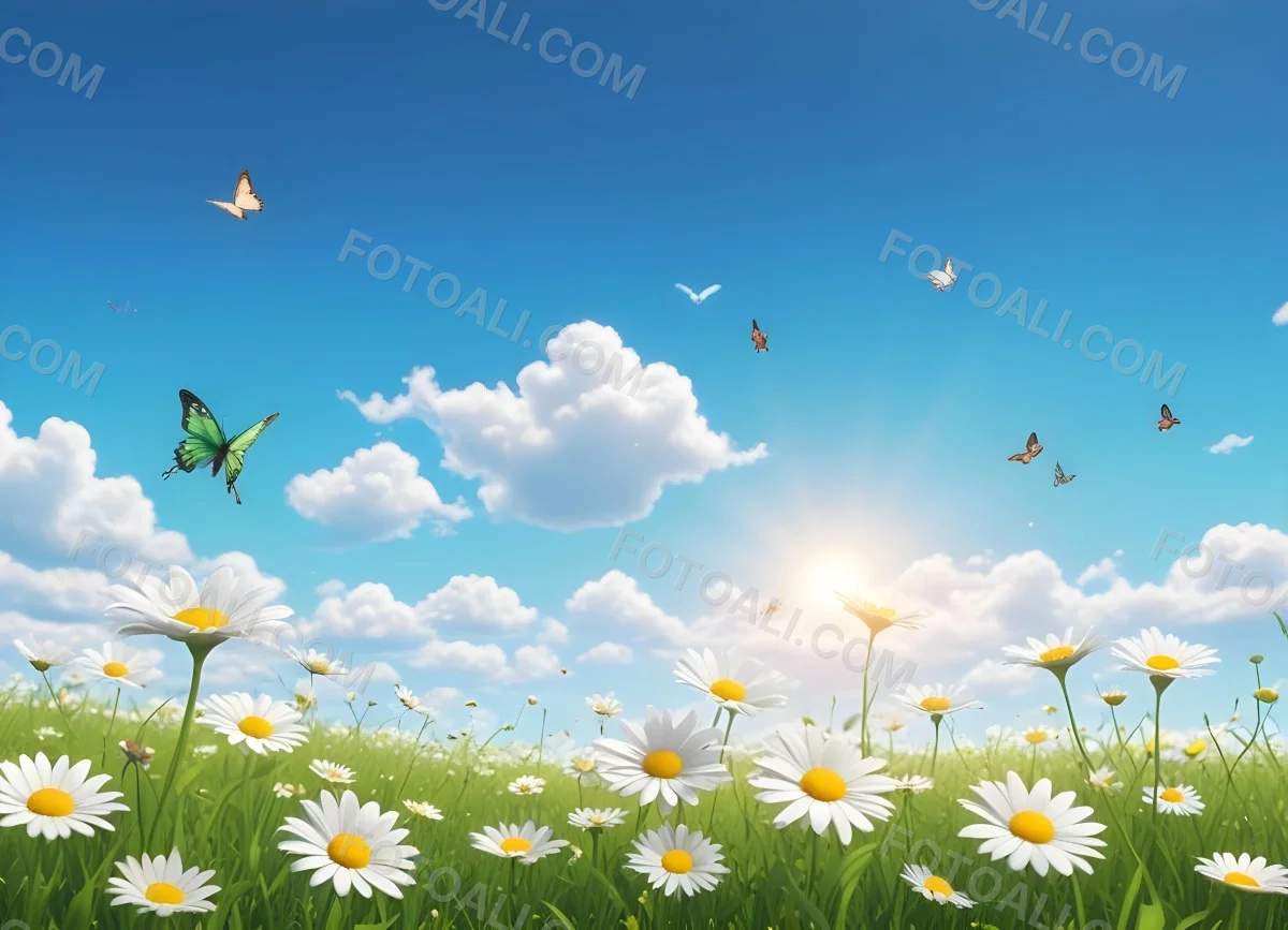 Digital Painting A Field Of Daisies And Green Grass With Butterflies Flying Around White Clouds In A Blue Sky Cartoon Style Bright Colors Sunny Day Bold And Slim Lines Brush Strokes 67 435e
