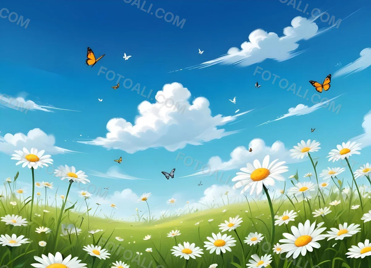 Digital Painting A Field Of Daisies And Green Grass With Butterflies Flying Around White Clouds In A Blue Sky Cartoon Style Bright Colors Sunny Day Bold And Slim Lines Brush Strokes 68 Fc38