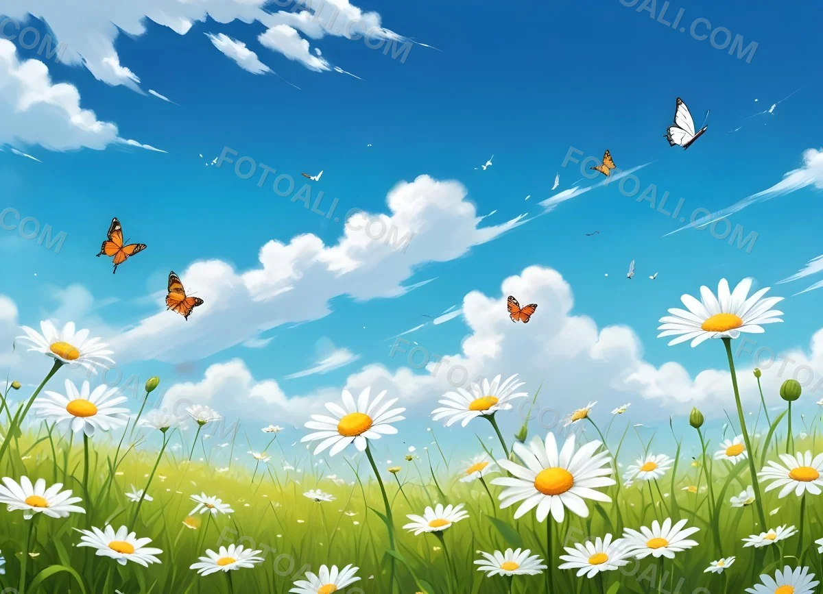 Digital Painting A Field Of Daisies And Green Grass With Butterflies Flying Around White Clouds In A Blue Sky Cartoon Style Bright Colors Sunny Day Bold And Slim Lines Brush Strokes 69 C2a6