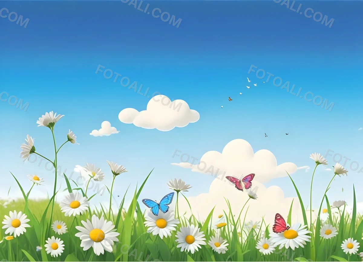 Digital Painting A Field Of Daisies And Green Grass With Butterflies Flying Around White Clouds In A Blue Sky Cartoon Style Bright Colors Sunny Day Bold And Slim Lines Brush Strokes 7 59cd