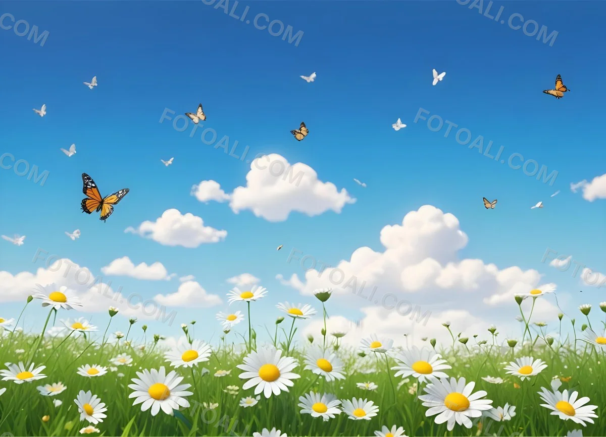 Digital Painting A Field Of Daisies And Green Grass With Butterflies Flying Around White Clouds In A Blue Sky Cartoon Style Bright Colors Sunny Day Bold And Slim Lines Brush Strokes 70 1e26