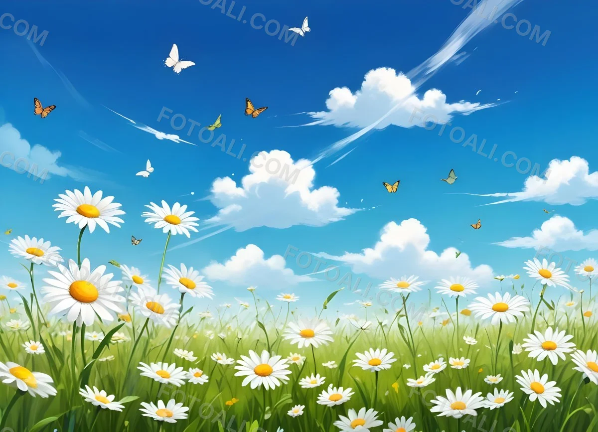 Digital Painting A Field Of Daisies And Green Grass With Butterflies Flying Around White Clouds In A Blue Sky Cartoon Style Bright Colors Sunny Day Bold And Slim Lines Brush Strokes 71 1a15