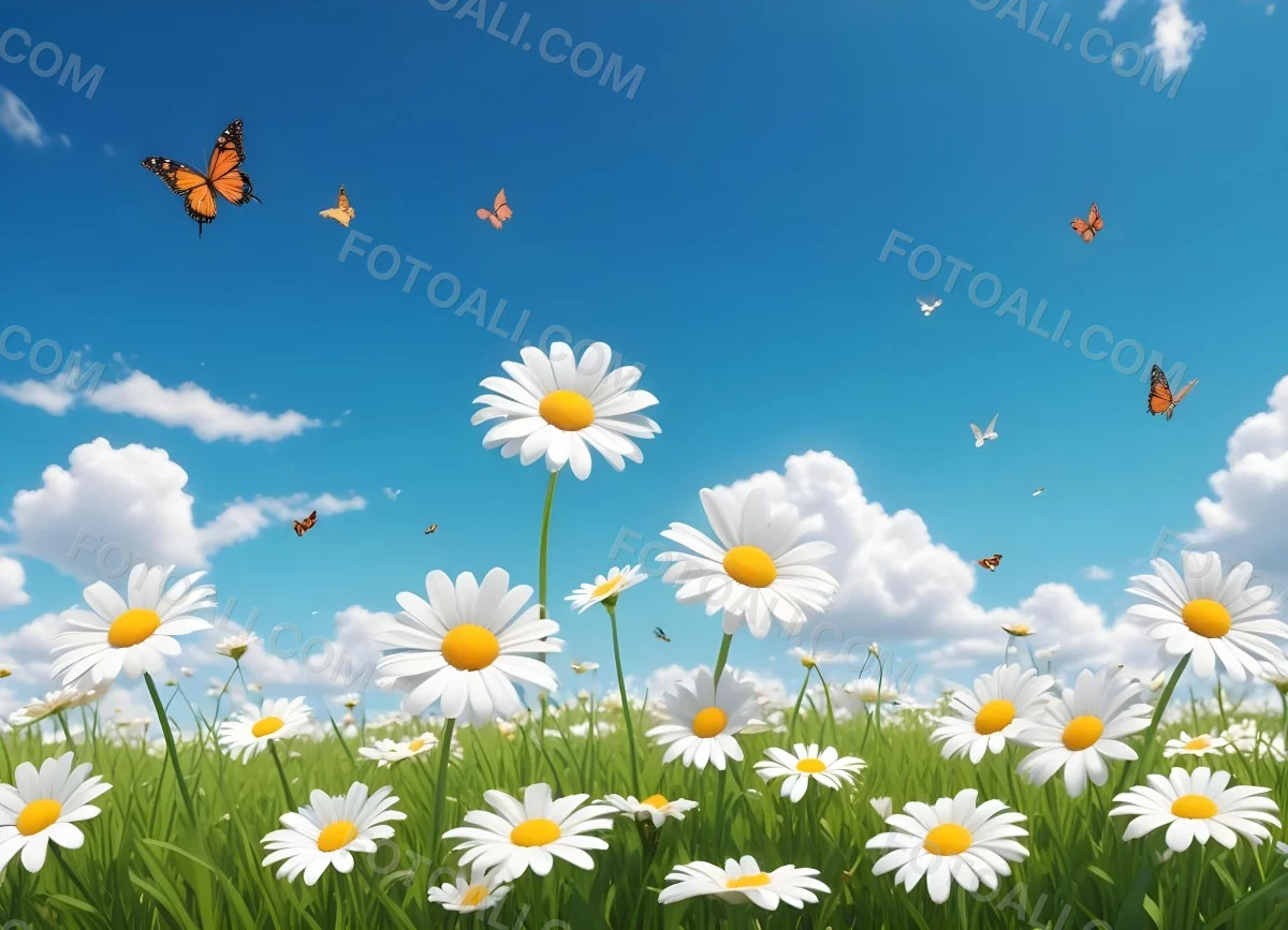 Digital Painting A Field Of Daisies And Green Grass With Butterflies Flying Around White Clouds In A Blue Sky Cartoon Style Bright Colors Sunny Day Bold And Slim Lines Brush Strokes 72 6377