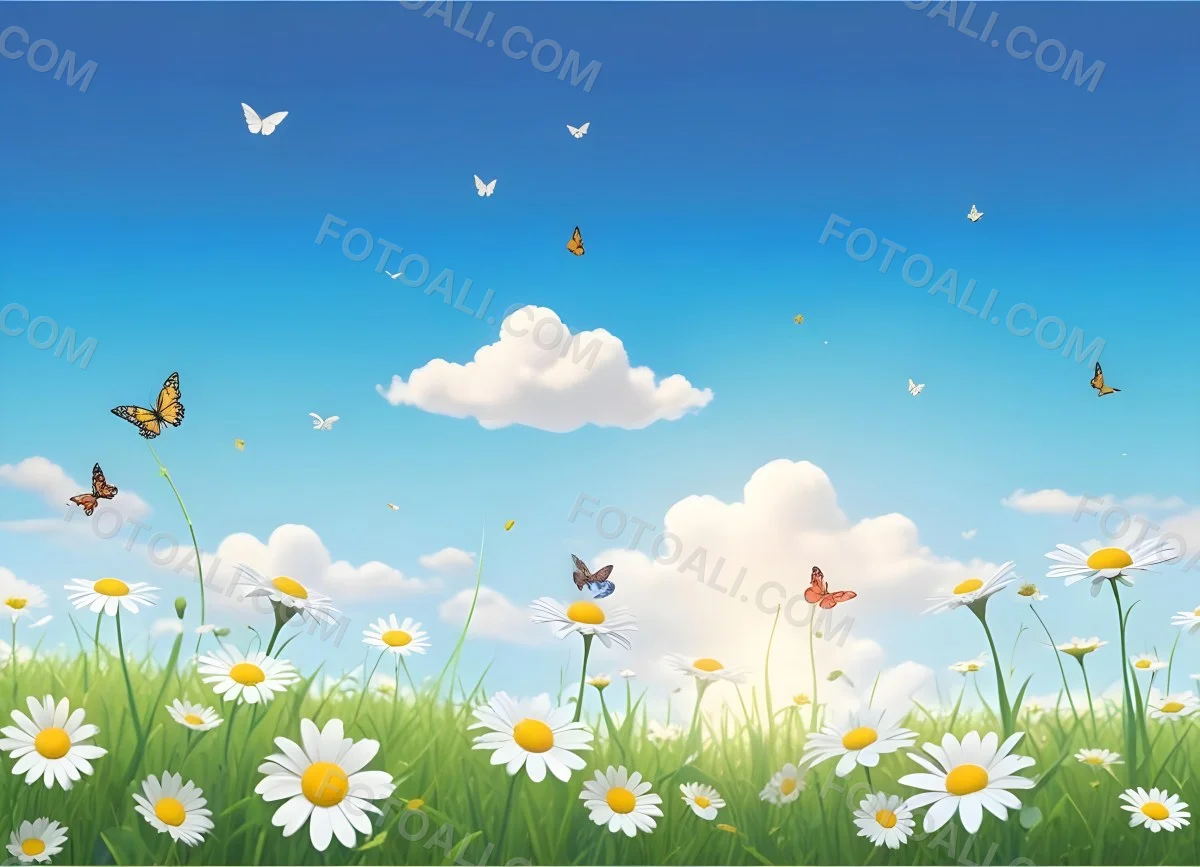 Digital Painting A Field Of Daisies And Green Grass With Butterflies Flying Around White Clouds In A Blue Sky Cartoon Style Bright Colors Sunny Day Bold And Slim Lines Brush Strokes 74 373d