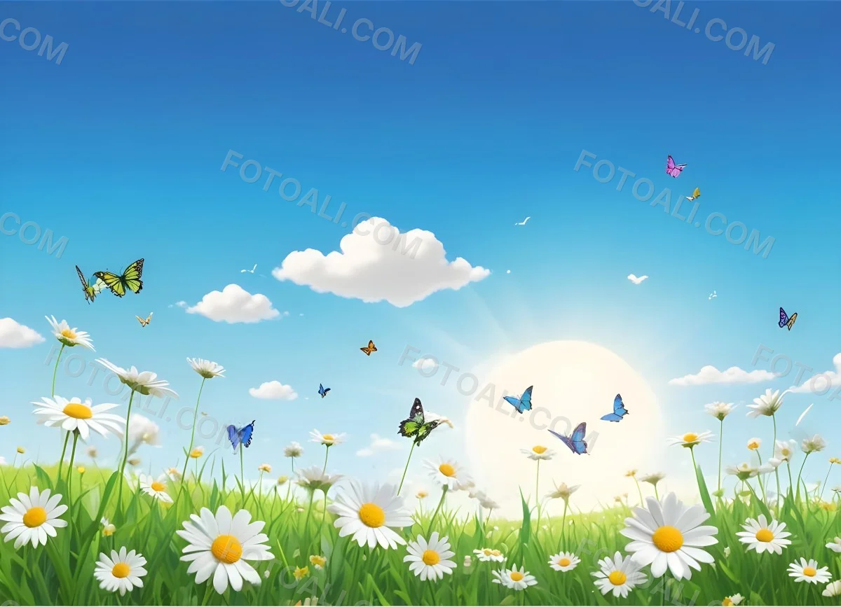 Digital Painting A Field Of Daisies And Green Grass With Butterflies Flying Around White Clouds In A Blue Sky Cartoon Style Bright Colors Sunny Day Bold And Slim Lines Brush Strokes 75 Edcc