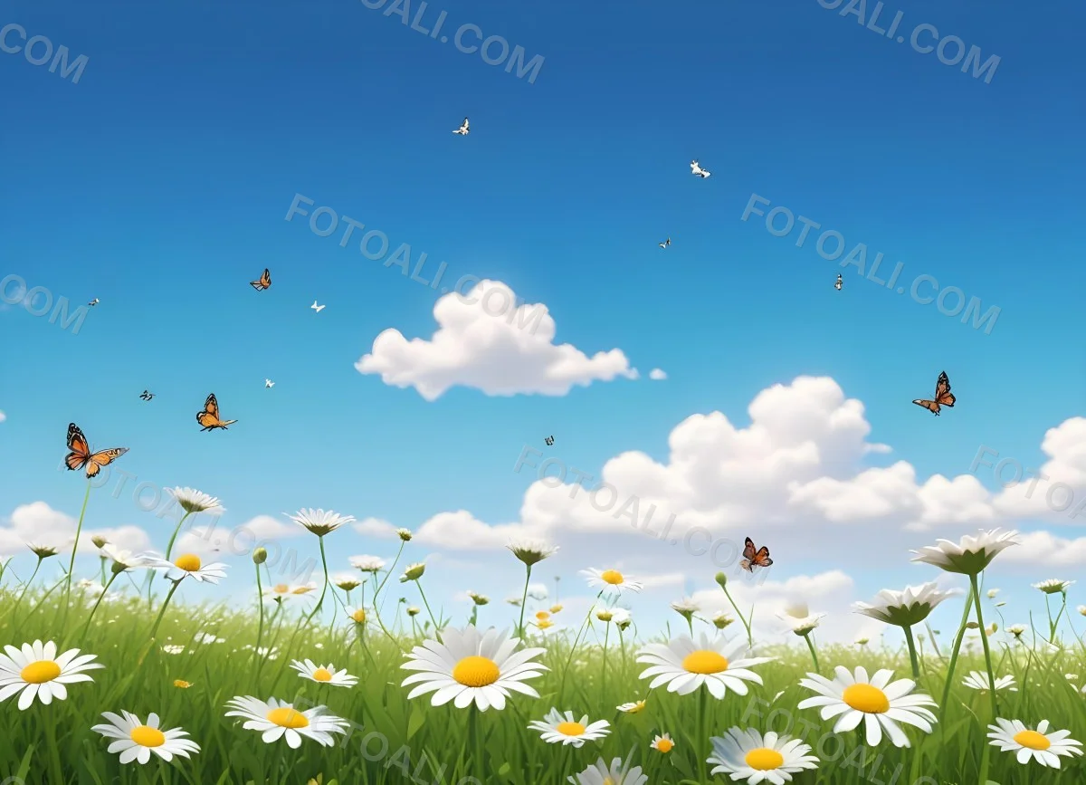 Digital Painting A Field Of Daisies And Green Grass With Butterflies Flying Around White Clouds In A Blue Sky Cartoon Style Bright Colors Sunny Day Bold And Slim Lines Brush Strokes 76 2555