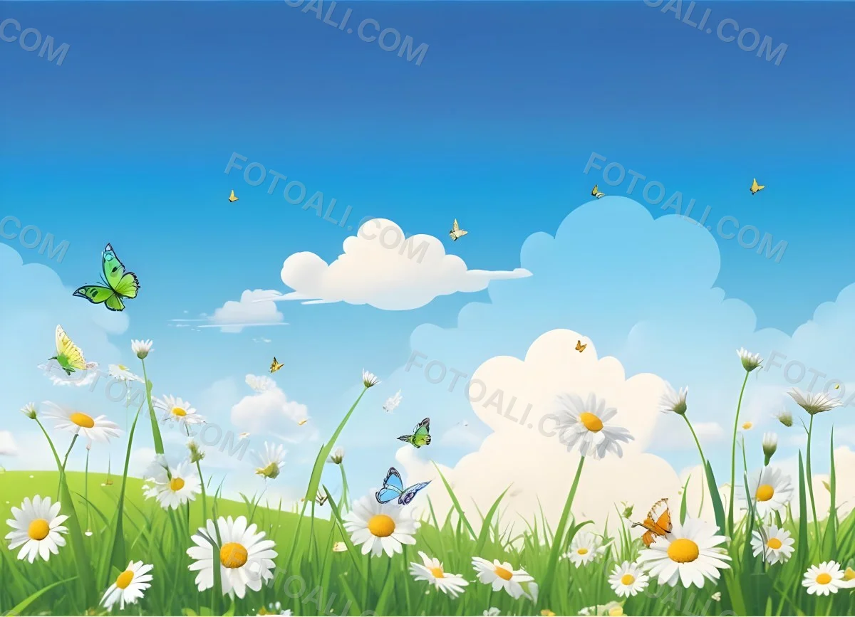 Digital Painting A Field Of Daisies And Green Grass With Butterflies Flying Around White Clouds In A Blue Sky Cartoon Style Bright Colors Sunny Day Bold And Slim Lines Brush Strokes 77 68bf