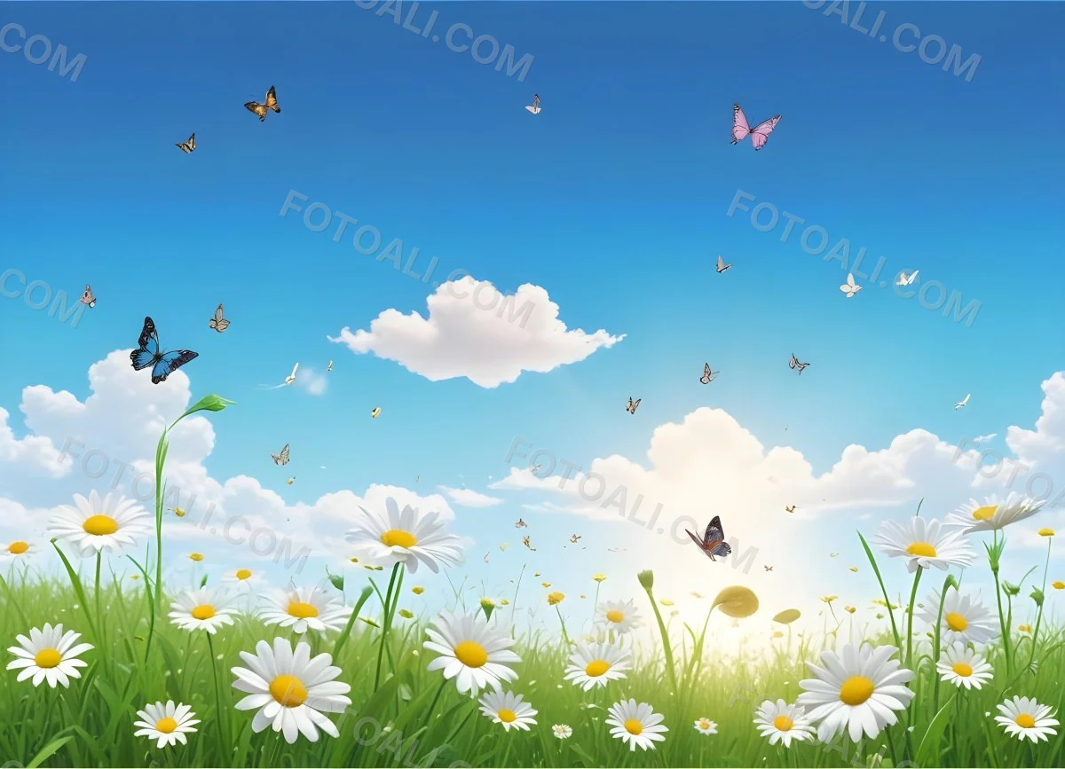 Digital Painting A Field Of Daisies And Green Grass With Butterflies Flying Around White Clouds In A Blue Sky Cartoon Style Bright Colors Sunny Day Bold And Slim Lines Brush Strokes 8 0764