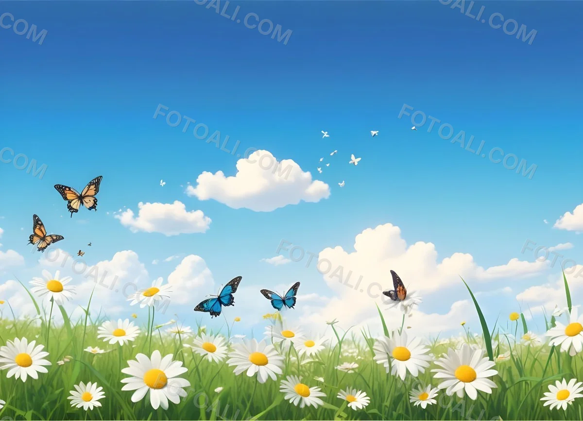Digital Painting A Field Of Daisies And Green Grass With Butterflies Flying Around White Clouds In A Blue Sky Cartoon Style Bright Colors Sunny Day Bold And Slim Lines Brush Strokes 9 2a2a