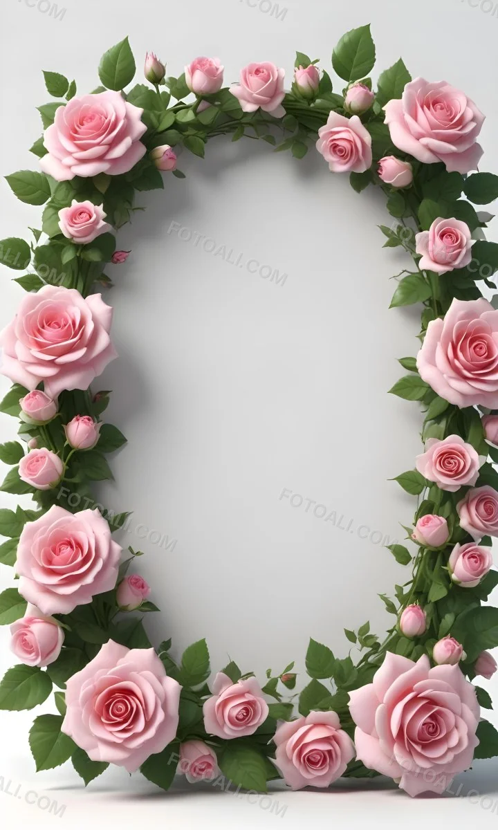 Digital Painting A Floral Frame With Large Pink Roses Green Leaves And Delicate Pink Flowers Along The Edges Of A White Background Bold And Slim Lines Brush Strokes 13 4832