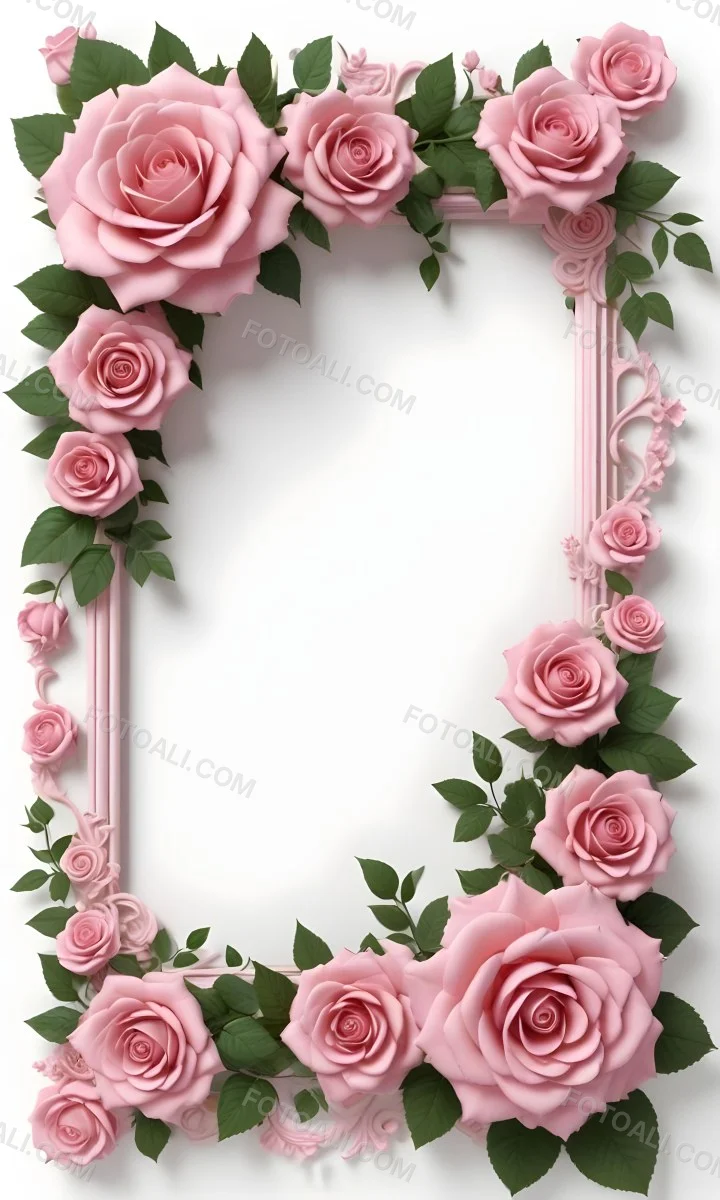 Digital Painting A Floral Frame With Large Pink Roses Green Leaves And Delicate Pink Flowers Along The Edges Of A White Background Bold And Slim Lines Brush Strokes 15 1d90