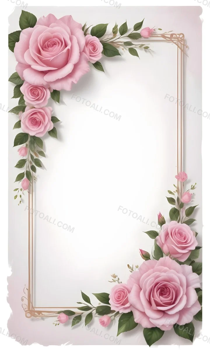 Digital Painting A Floral Frame With Large Pink Roses Green Leaves And Delicate Pink Flowers Along The Edges Of A White Background Bold And Slim Lines Brush Strokes 19 7571