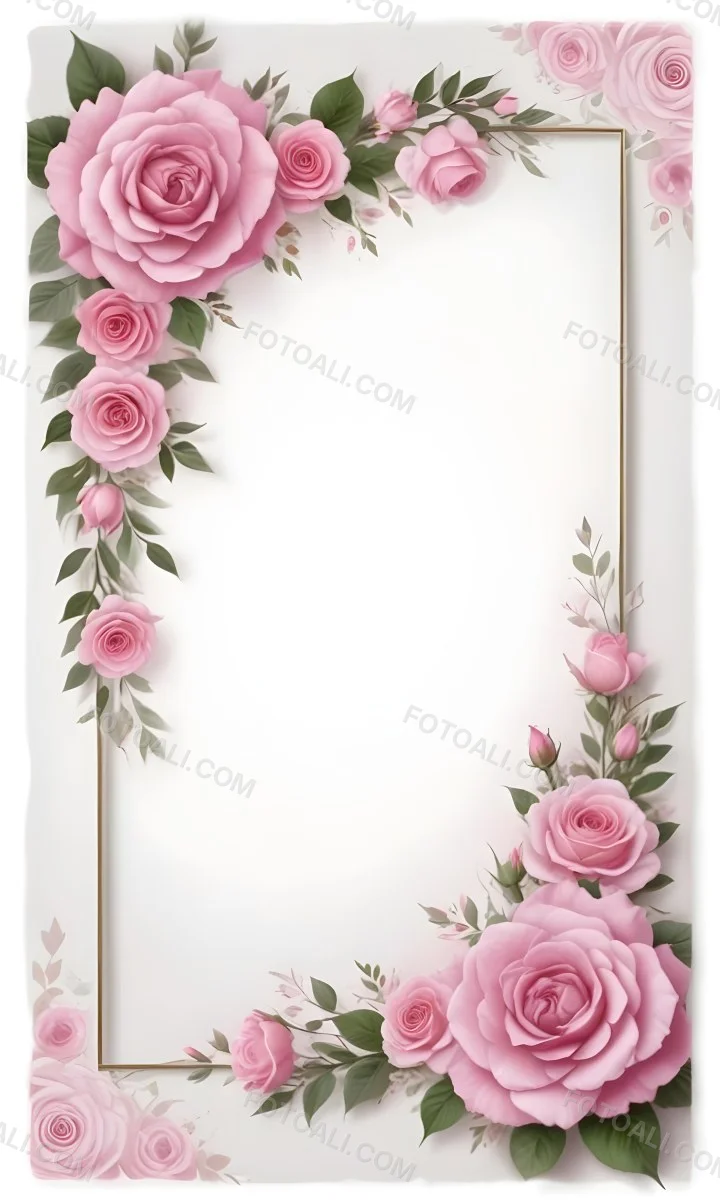Digital Painting A Floral Frame With Large Pink Roses Green Leaves And Delicate Pink Flowers Along The Edges Of A White Background Bold And Slim Lines Brush Strokes 22 214f