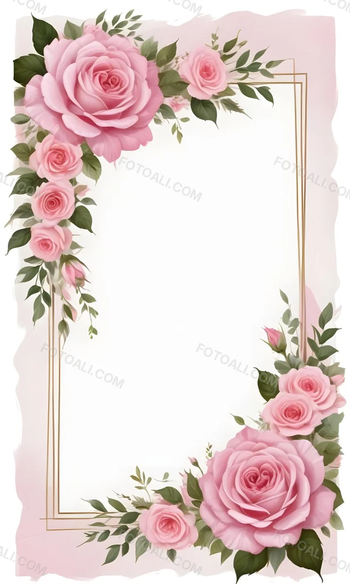 Digital Painting A Floral Frame With Large Pink Roses Green Leaves And Delicate Pink Flowers Along The Edges Of A White Background Bold And Slim Lines Brush Strokes 24 9e31