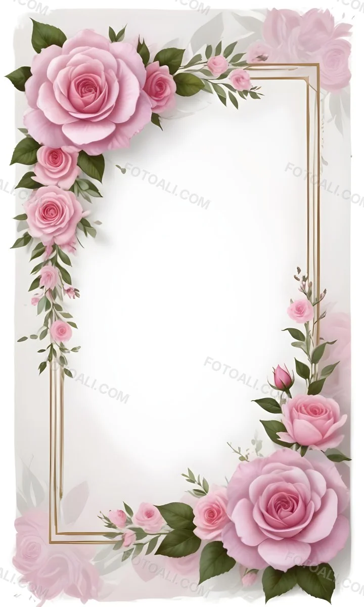 Digital Painting A Floral Frame With Large Pink Roses Green Leaves And Delicate Pink Flowers Along The Edges Of A White Background Bold And Slim Lines Brush Strokes 28 C9a4