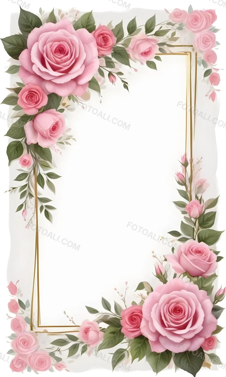 Digital Painting A Floral Frame With Large Pink Roses Green Leaves And Delicate Pink Flowers Along The Edges Of A White Background Bold And Slim Lines Brush Strokes 31 6016