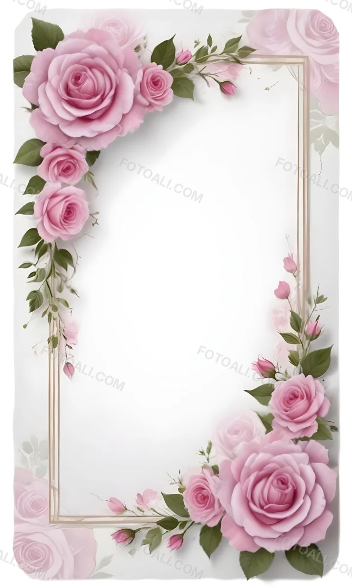 Digital Painting A Floral Frame With Large Pink Roses Green Leaves And Delicate Pink Flowers Along The Edges Of A White Background Bold And Slim Lines Brush Strokes 33 8db7