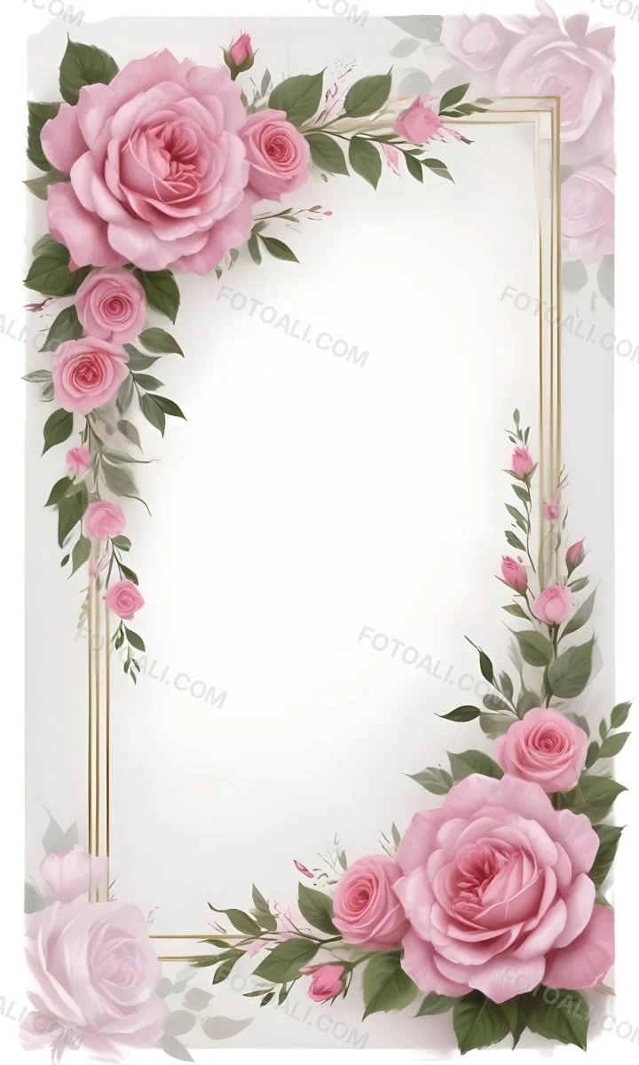 Digital Painting A Floral Frame With Large Pink Roses Green Leaves And Delicate Pink Flowers Along The Edges Of A White Background Bold And Slim Lines Brush Strokes 35 7dd4