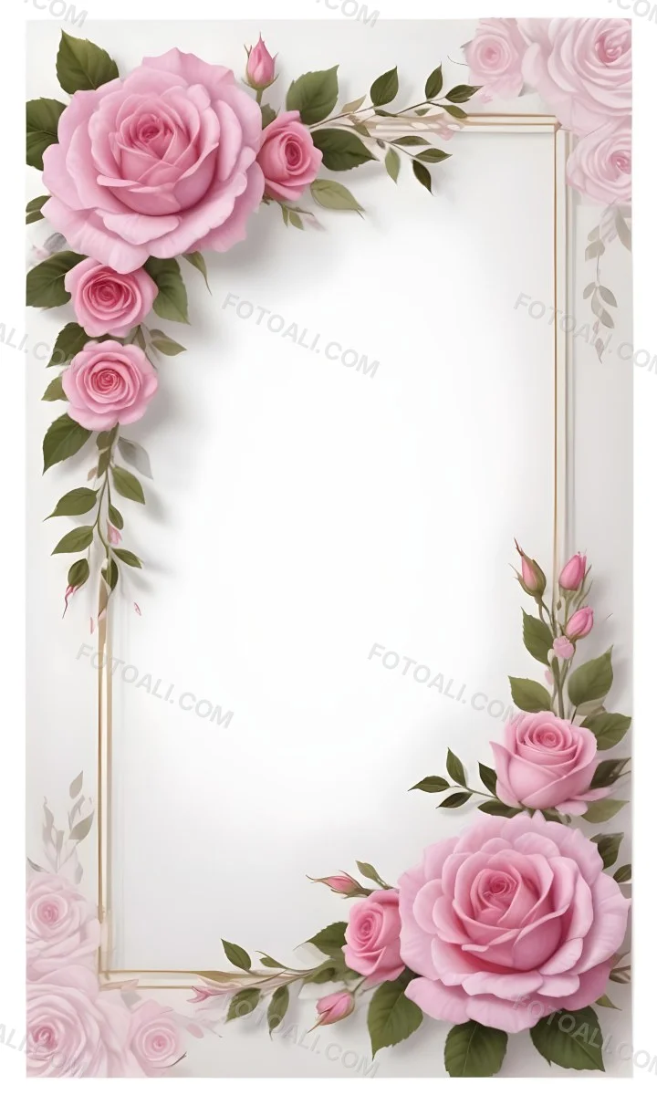 Digital Painting A Floral Frame With Large Pink Roses Green Leaves And Delicate Pink Flowers Along The Edges Of A White Background Bold And Slim Lines Brush Strokes 36 E9c3