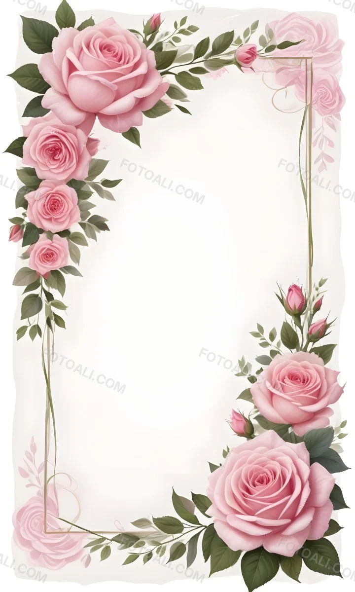Digital Painting A Floral Frame With Large Pink Roses Green Leaves And Delicate Pink Flowers Along The Edges Of A White Background Bold And Slim Lines Brush Strokes 38 Dcbc