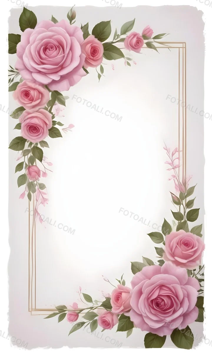 Digital Painting A Floral Frame With Large Pink Roses Green Leaves And Delicate Pink Flowers Along The Edges Of A White Background Bold And Slim Lines Brush Strokes 39 8f1d
